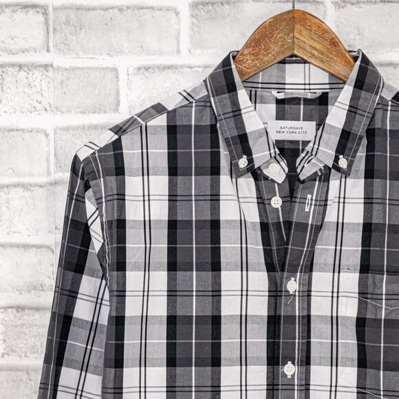 SATURDAYS NYC Men's Long Sleeve Button Down Shirt Gray Plaid Size M - Picture 5 of 6